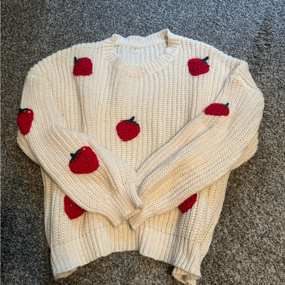 Free People Cream Sweater with Red Apple Accents
